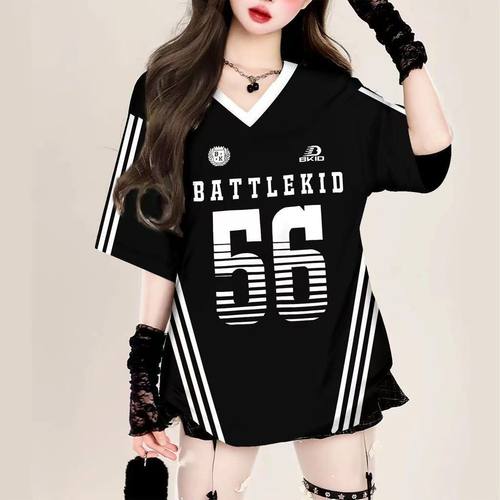 美式复古亮面字母印花球服短袖