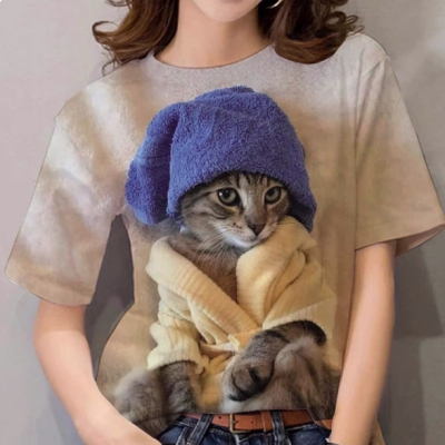 2025夏季新款上衣韩系卡通猫咪正肩宽松短袖T恤女INS