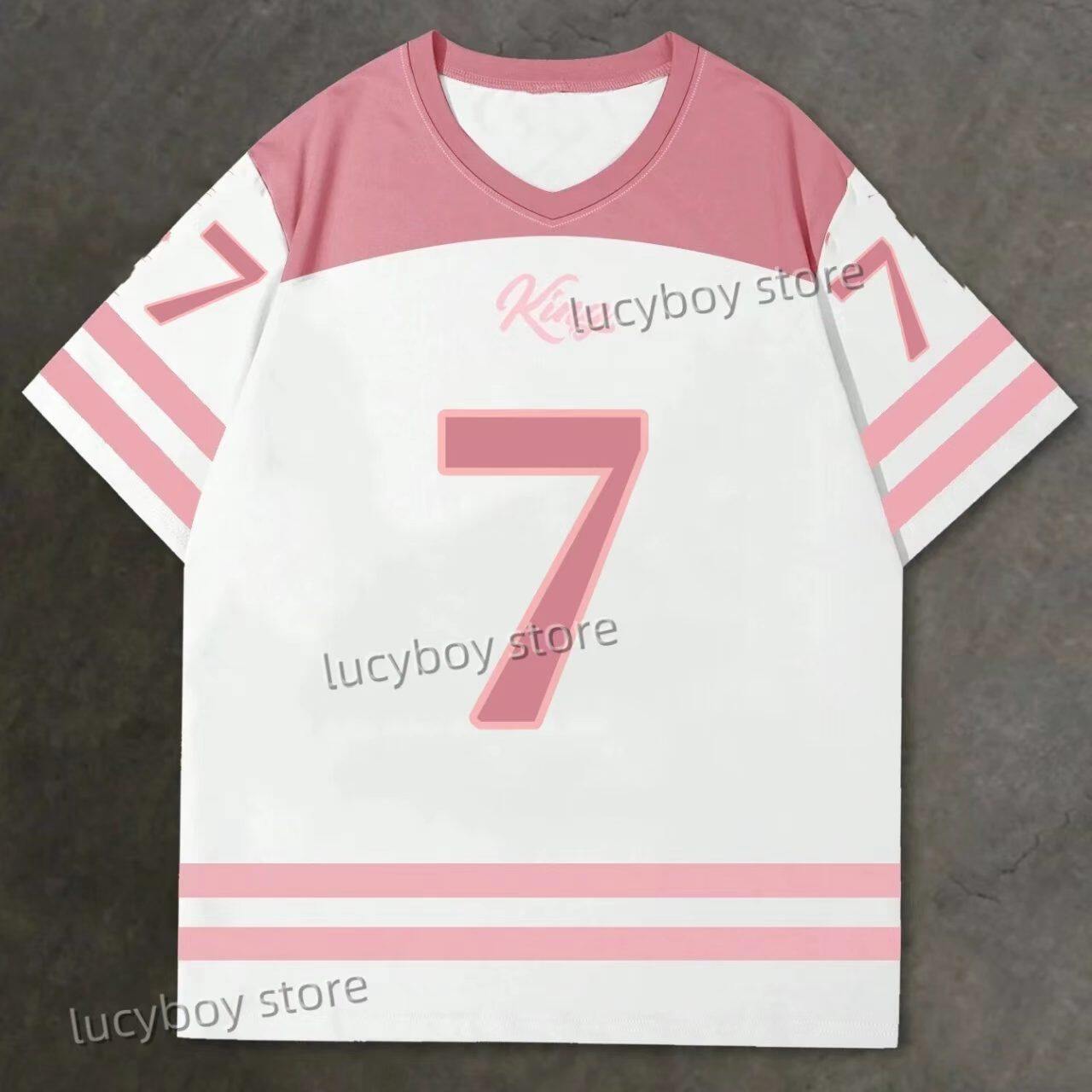 复古撞色球衣V领短袖T恤男女数字7印花圆领美式休闲运动潮流上衣