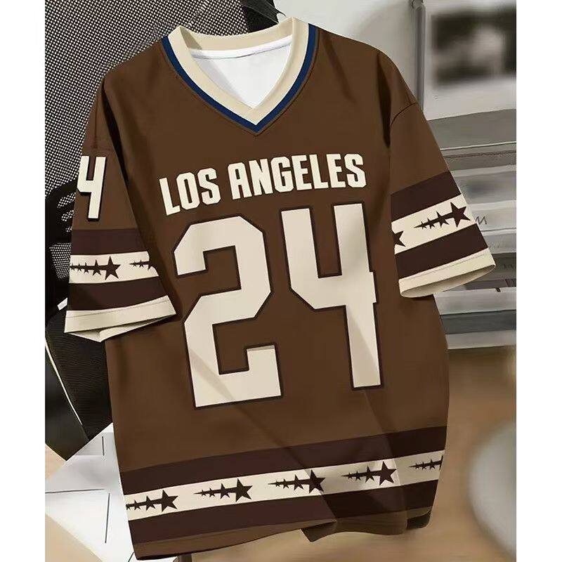 美式复古街头球衣数字24V领短袖T恤男夏季透气休闲运动印花上衣