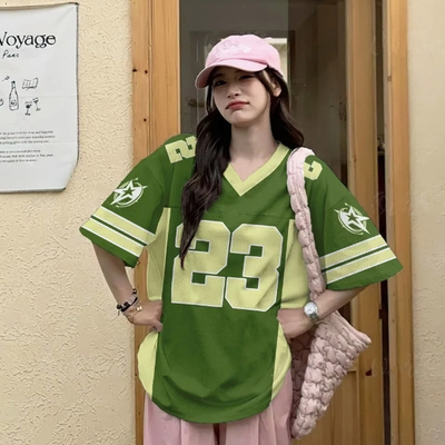 美式复古字母印花球服短袖上衣