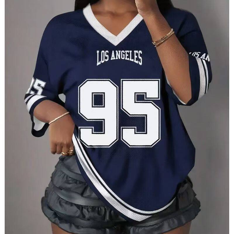 美式复古休闲运动风撞色数字95球衣V领印花短袖T恤女速干显瘦上衣