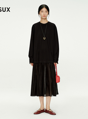 MESUX米岫25冬汉麻丝绵拼接直筒版型黑色长袖针织连衣裙MNWUO601