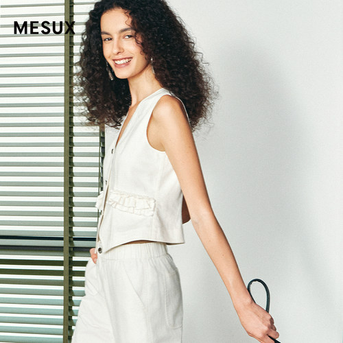 MESUX米岫26秋牛仔面料山茶花白收腰V领复古马夹MOFUK101