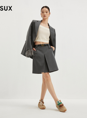 MESUX米岫新品女装A字直筒叠褶半身裙（含腰带）MMFUS302