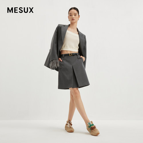 MESUX米岫新品女装A字直筒叠褶半身裙（含腰带）MMFUS302