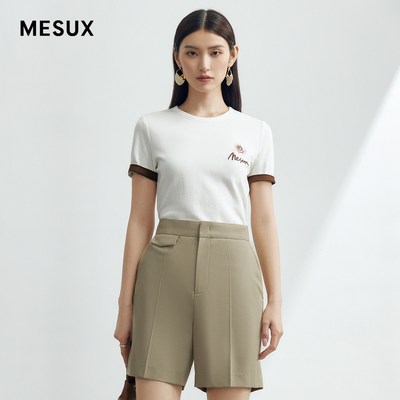 MESUX米岫23秋新品绣花休闲圆领短袖T恤女小个子上衣MLFUB304