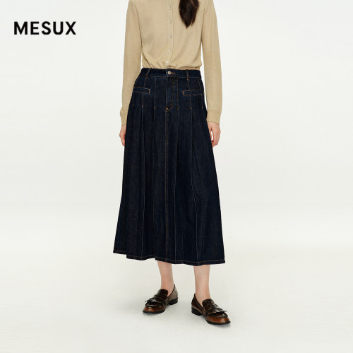 MESUX米岫新品女装纯棉学院风A字长款百褶牛仔裙MMFUS502