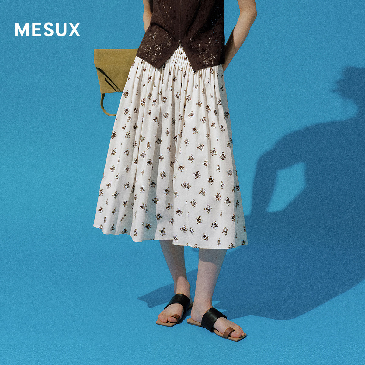 MESUX米岫26夏长绒棉府绸法式花束印花手工塔克A型半裙MOMUS310