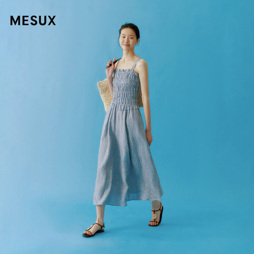 MESUX米岫26夏盐岸漫游 复古亚麻条纹吊带抹胸式连衣裙MOMUO206