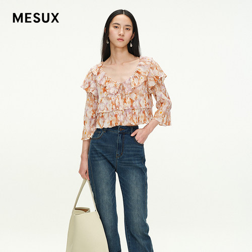 MESUX夏新品波嬉风桑蚕丝丝绵纱印花短袖T恤MNSUD402