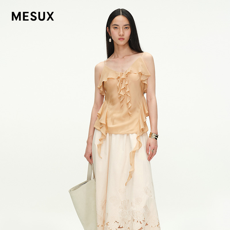 MESUX25法式高定斜裁100%桑蚕丝荷叶边吊带上衣MNSUD101