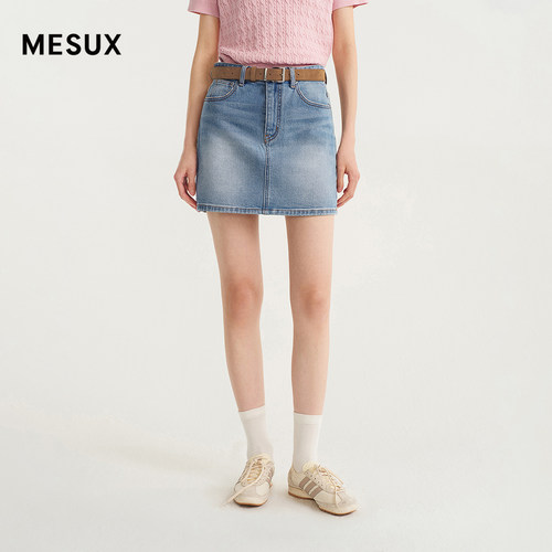 MESUX米岫26秋水洗牛仔蓝经典五袋式直筒短半裙MOFUS501