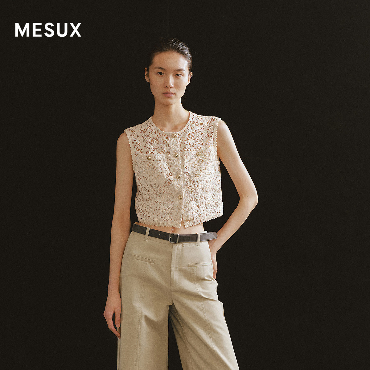 MESUX米岫26夏日本进口蕾丝面料金属扣贴袋短开衫马甲MOMUD212