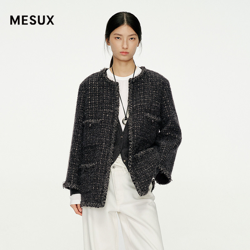 MESUX米岫25冬迪木尔风马海毛格纹小香风中长款毛呢外套MNW