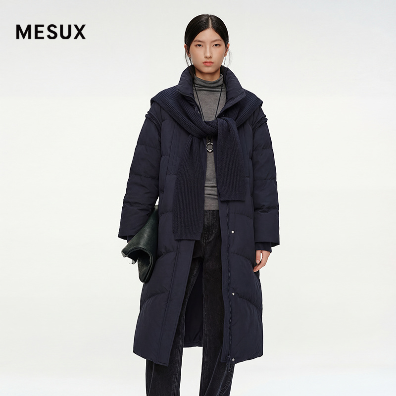 MESUX米岫25冬宽松H型长款鹅绒服连帽围巾设计羽绒服MNWBL402