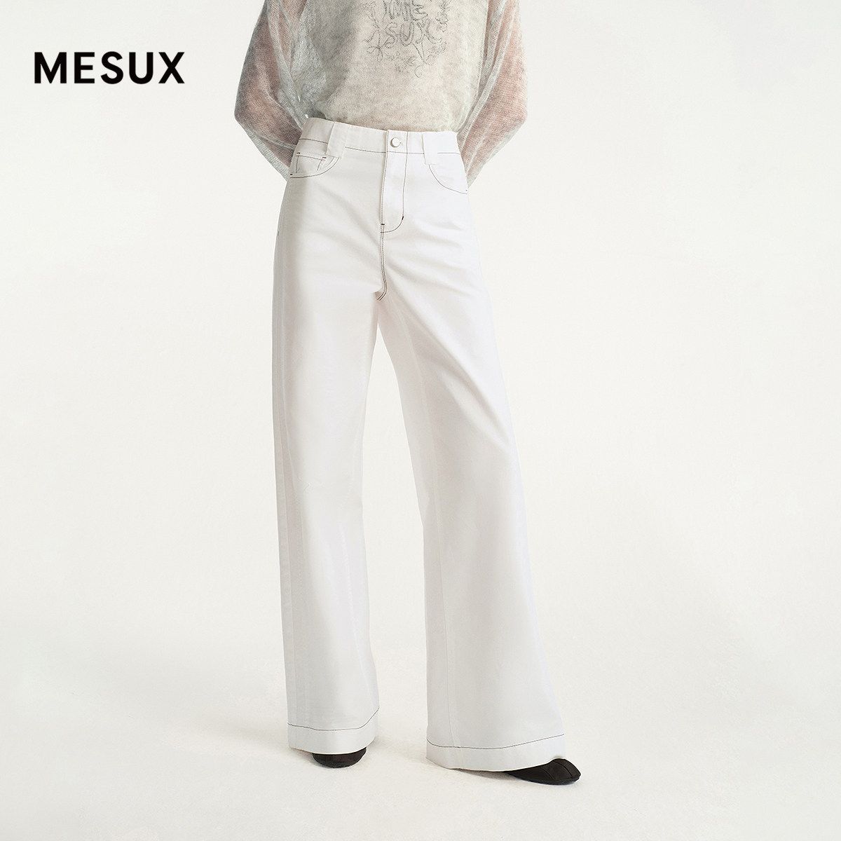 MESUX米岫26秋撞色明线宽腰袢纯净喇叭休闲长裤MOFUQ414