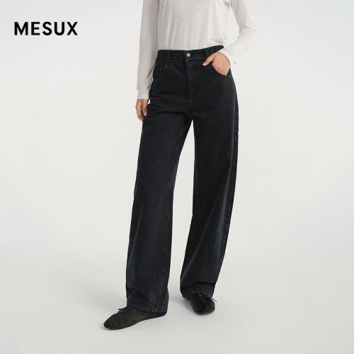 MESUX米岫26冬土耳其进口洗水灰调黑扎花宽松弯刀裤MOWUR404