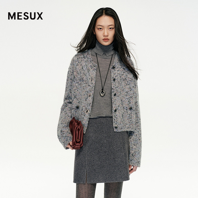 MESUX米岫25冬绵羊毛马海毛混纺复古花纱小香风毛织外套MNW
