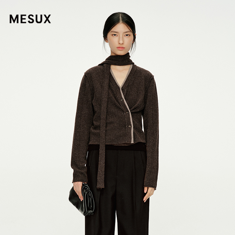 MESUX米岫25冬2/26NM美丽诺羊毛飘带V领撞色设计毛衣开衫MNWUE506