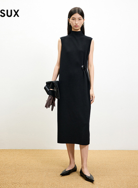 MESUX米岫新品毛织金属装饰黑色雕塑晚礼服内搭长裙MMWUE601