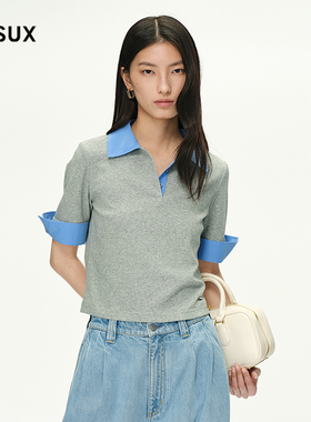 MESUX米岫夏POLO领夏拼接设计上衣通勤宽松短袖T恤MNMUD311