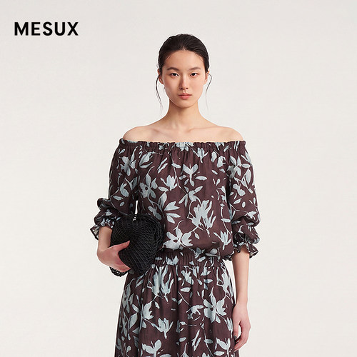 MESUX米岫26夏海盐可露丽 莱赛尔亚麻混纺印花中袖上衣MOMPD401