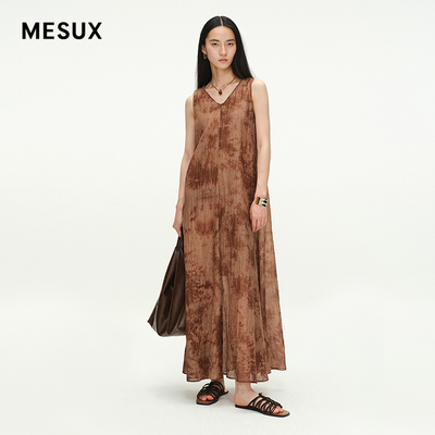 MESUXV领压皱印花桑蚕丝复古慵懒无袖连衣裙MNSUO303