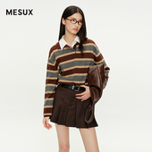 MESUX米岫25秋复古条纹POLO领轻薄纯绵羊毛针织毛衫 上衣MNFUE416