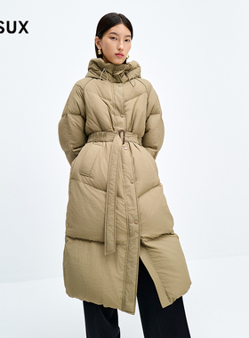 MESUX米岫白鹅绒防风泡芙连帽附腰带宽松轻暖长羽绒MMWUL404