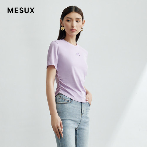 MESUX米岫秋季新品抽褶圆领短袖T恤女上衣小个子MLFUB306