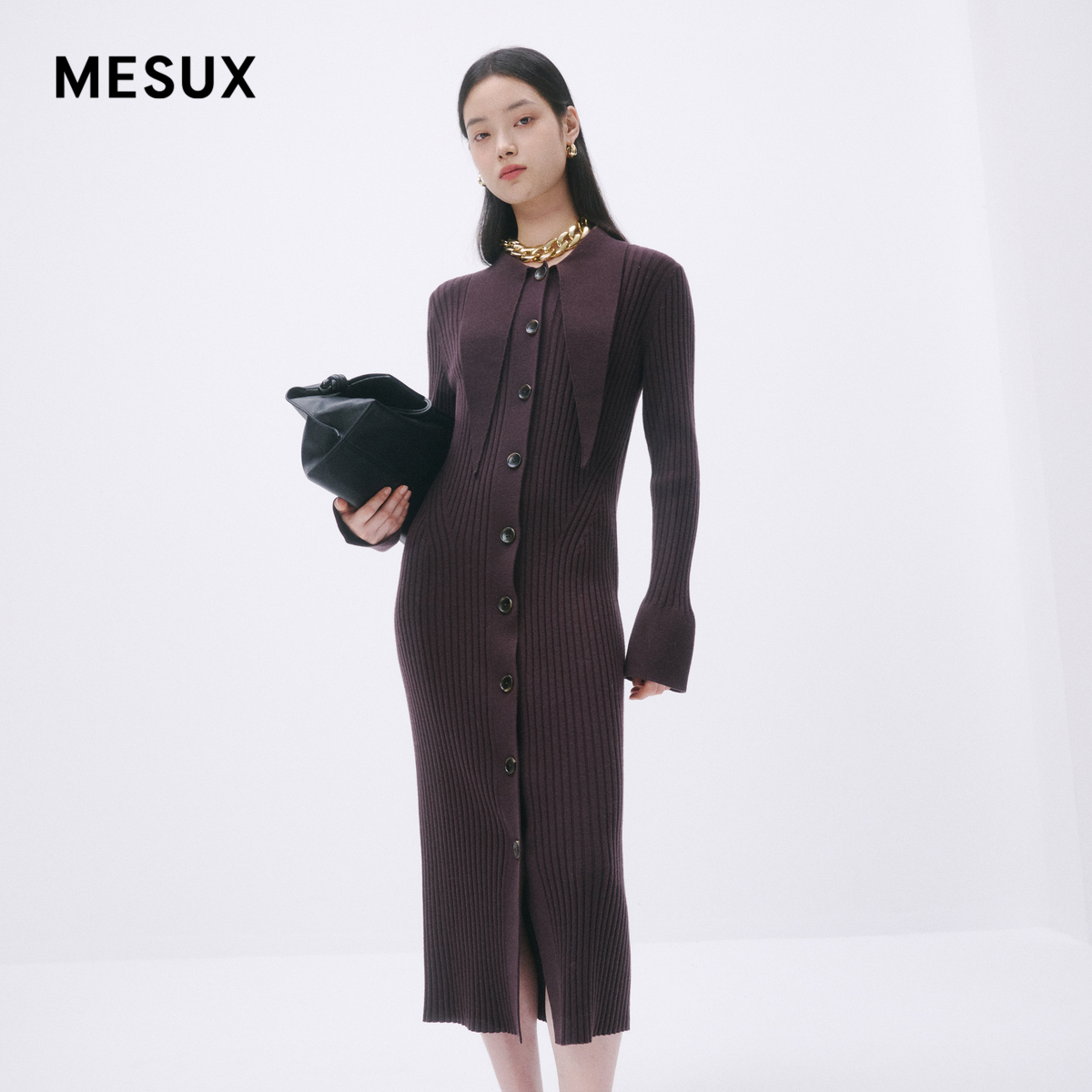 MESUX米岫新品撞色腰带宽松绵羊毛衬衫式修身连衣裙MMWUE605