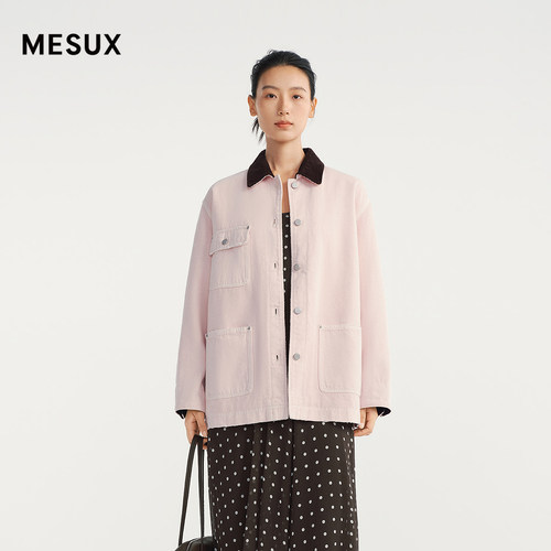 MESUX米岫26冬水洗牛仔棉撞色翻领复古巴恩棉服MOWUJ203