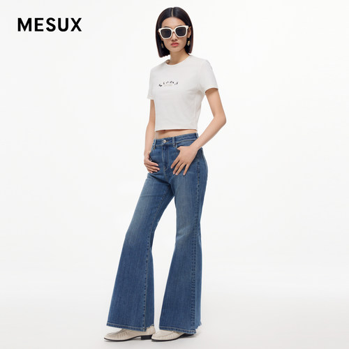 MESUX米岫新品女装圆领修身短款露脐弹力T恤上衣MMFUB304
