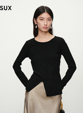 MESUX米岫25进口面料棉质厚实简约精裁黑色圆领长T恤MNSUB401