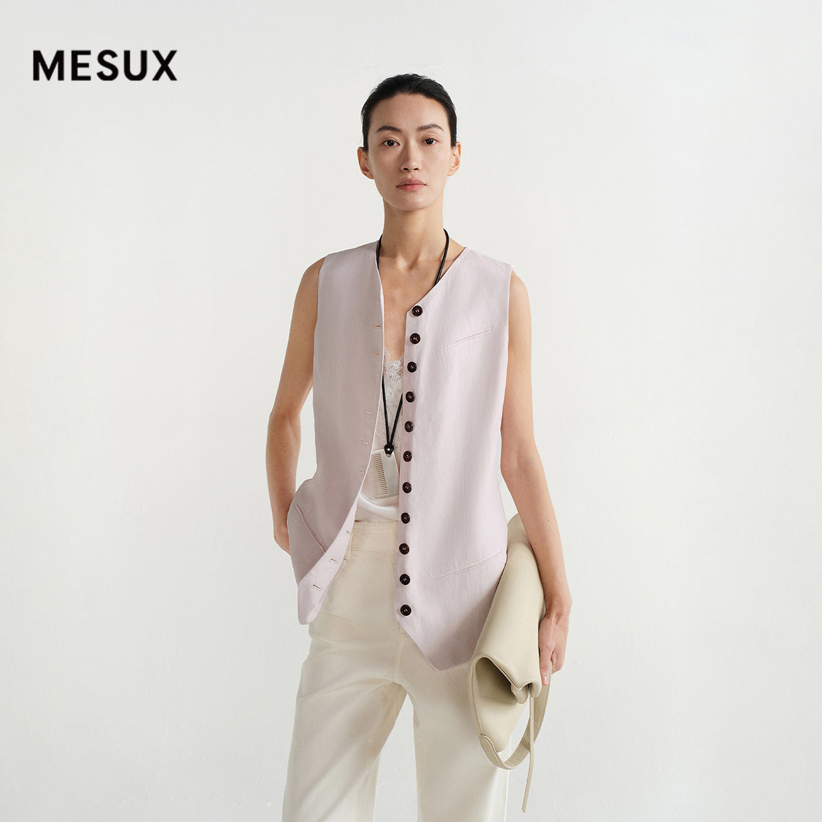 MESUX米岫26春夏[韩国进口]亚麻粘纤混纺面料经典V领马甲MOSUK202
