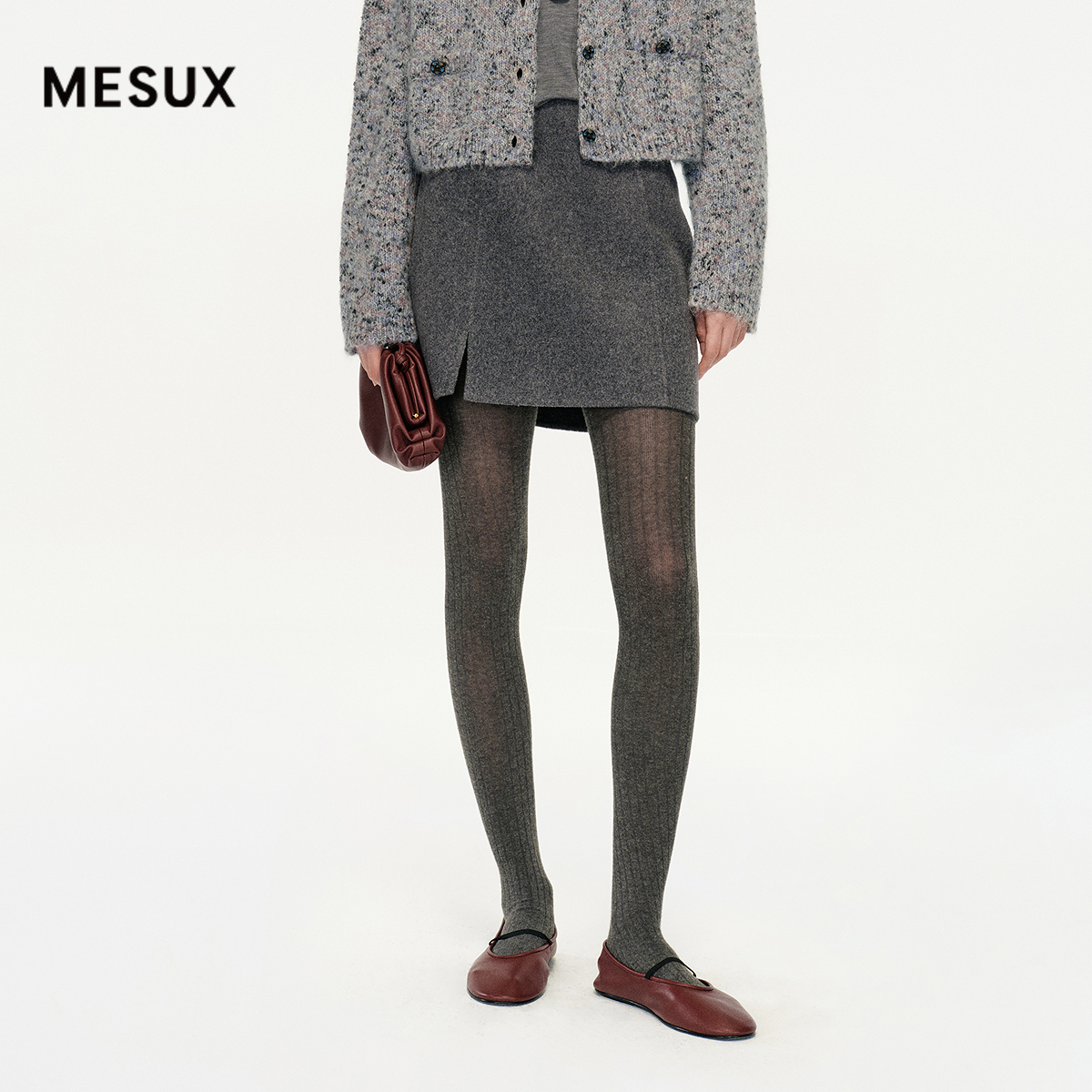 MESUX米岫25冬绵羊毛双面呢极简连腰设计A字显瘦半身裙 MNWUS201