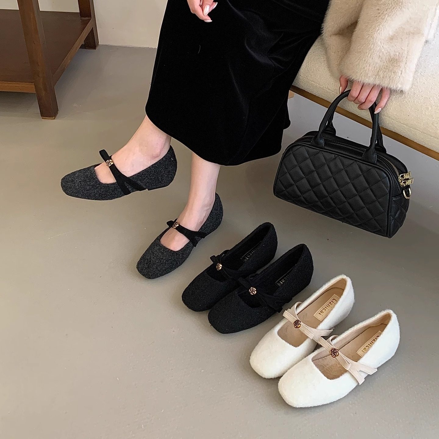 法式仙女风毛呢玛丽珍鞋女2025年秋冬浅口配裙子方头一字带加绒,女鞋,玛丽珍鞋,淘宝优惠券,粉丝福利购,淘宝优惠卷