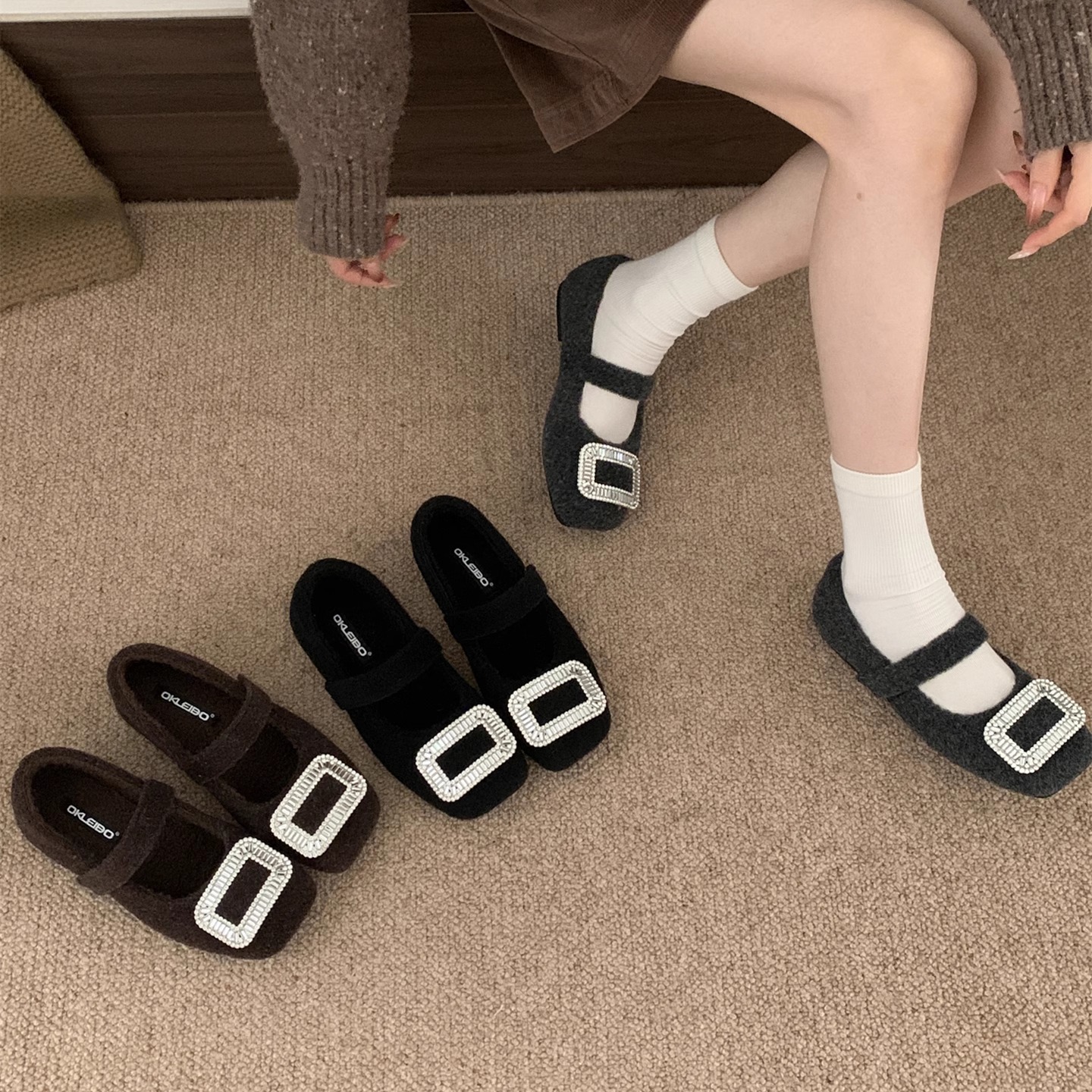 2025年秋冬新款加绒方头玛丽珍鞋