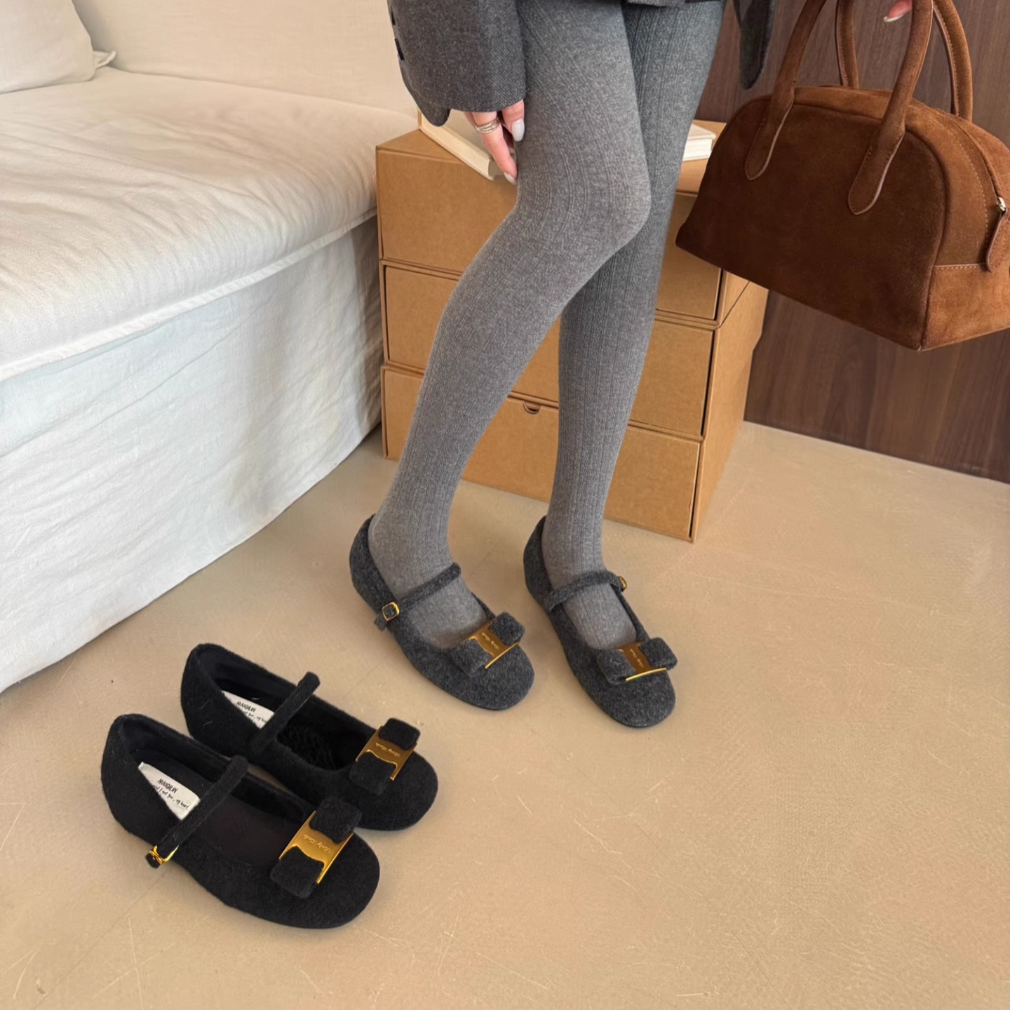 法式毛毛玛丽珍鞋女平底加绒时尚