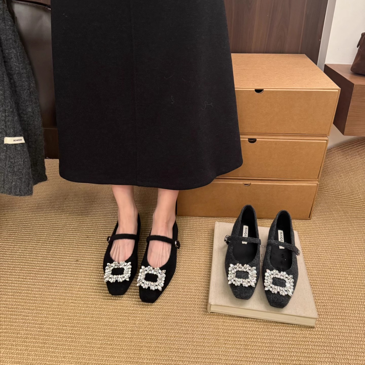 内增高水钻方扣玛丽珍鞋一字带