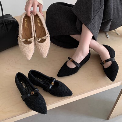 尖头一字带平底玛丽珍鞋冬季新款