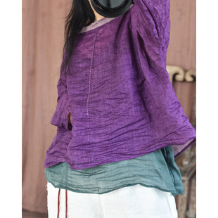 文艺复古女式 上衣 高支炒色苎麻手工缝线一字领春秋夏款 原创新款