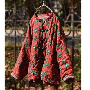 原创亚麻印花自制冬季保暖女式棉衣文艺复古盘扣开衫便衣中式棉服