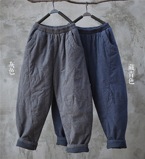 加厚复古休闲哈伦裤 小暖文艺宽松休闲文艺磨毛提花棉裤 3色女冬季