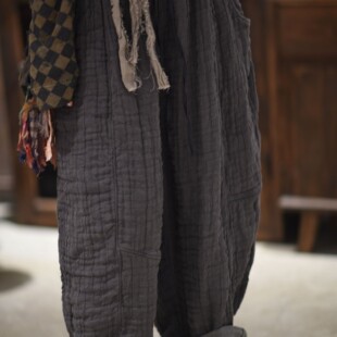 素年未央原创设计SN249休闲宽松文艺双层绉亚麻休闲阔腿长裤