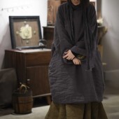 素年未央原创设计新款 SN259砂洗亚麻宽松偏襟盘扣宽松棉衣长袍