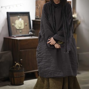 素年未央原创设计新款 SN259砂洗亚麻宽松偏襟盘扣宽松棉衣长袍