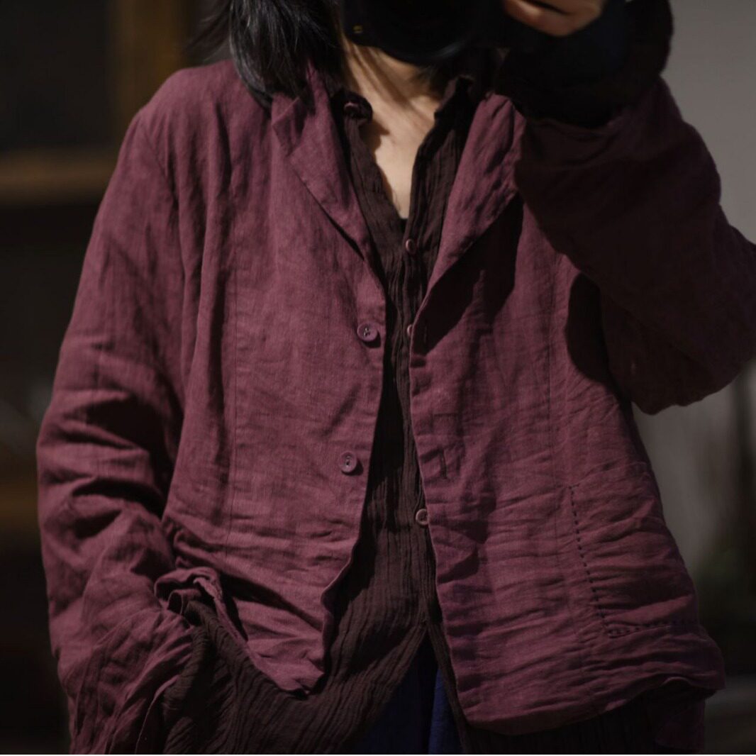 素年原创设计新款休闲宽松文艺翻领气质砂洗长袖亚麻女小西装外套