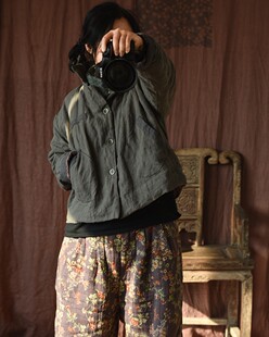 自制大码女装秋冬2021口袋新款女上衣宽松休闲亚麻棉衣夹棉短外套